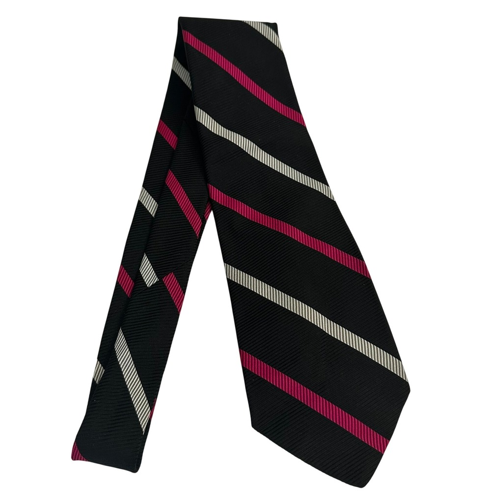 Vintage Mens Wide Tie 4" Regimental Stripe Black Pink Silver Classic Mid Century
